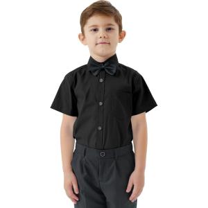 image2T16Y Boys Short Sleeve Button Down Toddler Dress Shirt Oxford Uniform Shirt with Chest PocketBlack