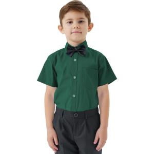 image2T16Y Boys Short Sleeve Button Down Toddler Dress Shirt Oxford Uniform Shirt with Chest PocketGreen