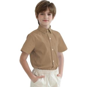 image2T16Y Boys Short Sleeve Button Down Toddler Dress Shirt Oxford Uniform Shirt with Chest PocketKhaki