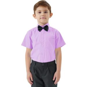 image2T16Y Boys Short Sleeve Button Down Toddler Dress Shirt Oxford Uniform Shirt with Chest PocketLight Purple