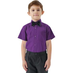 image2T16Y Boys Short Sleeve Button Down Toddler Dress Shirt Oxford Uniform Shirt with Chest PocketPurple
