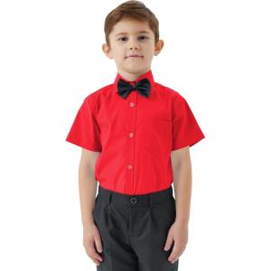 image2T16Y Boys Short Sleeve Button Down Toddler Dress Shirt Oxford Uniform Shirt with Chest PocketRed