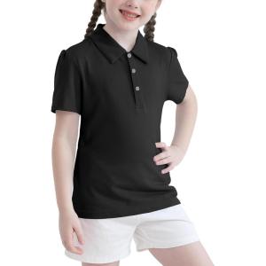imageQBK 2T to Youth Girls Puff Short Sleeve Polo Toddler School Uniform Pique Polo Kids Collared Golf ShirtBlack