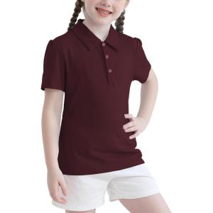 imageQBK 2T to Youth Girls Puff Short Sleeve Polo Toddler School Uniform Pique Polo Kids Collared Golf ShirtBurgundy