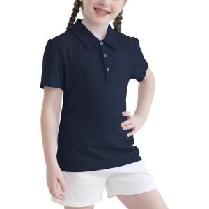 imageQBK 2T to Youth Girls Puff Short Sleeve Polo Toddler School Uniform Pique Polo Kids Collared Golf ShirtNavy