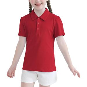 imageQBK 2T to Youth Girls Puff Short Sleeve Polo Toddler School Uniform Pique Polo Kids Collared Golf ShirtRed