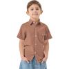 imageQBK Boys Cotton Linen Short Sleeve Classic Button Down Shirts Boys Dress Shirt with Chest Pocket for 2T16 YearsBrown