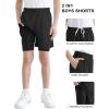 imageQBK Toddler to Youth Boys 2 in 1 Athletic Shorts Basketball Compression Shorts with Liner for Girls Soccer Running SportsBlack