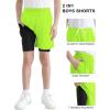 imageQBK Toddler to Youth Boys 2 in 1 Athletic Shorts Basketball Compression Shorts with Liner for Girls Soccer Running SportsNeon Green