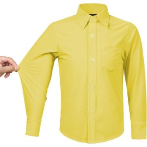 image2T16Y Boys Stretch Long Sleeve Button Down Toddler Dress Shirt Wrinkle Free Oxford Uniform Shirt with Chest PocketLight Yellow