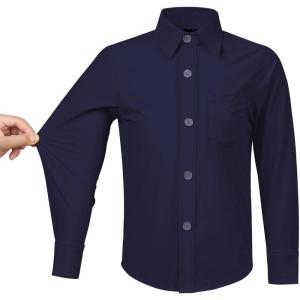 image2T16Y Boys Stretch Long Sleeve Button Down Toddler Dress Shirt Wrinkle Free Oxford Uniform Shirt with Chest PocketNavy