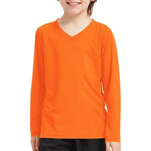 imageQBK 4T to Youth Neon Shirt Kids Rash Guard UPF 50 VNeck Dry Fit Athletic Performance Long Sleeve Shirts for Boys and GirlsNeon Orange