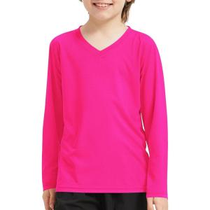 imageQBK 4T to Youth Neon Shirt Kids Rash Guard UPF 50 VNeck Dry Fit Athletic Performance Long Sleeve Shirts for Boys and GirlsNeon Pink