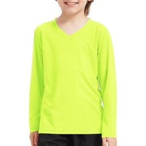 imageQBK 4T to Youth Neon Shirt Kids Rash Guard UPF 50 VNeck Dry Fit Athletic Performance Long Sleeve Shirts for Boys and GirlsNeon Yellow