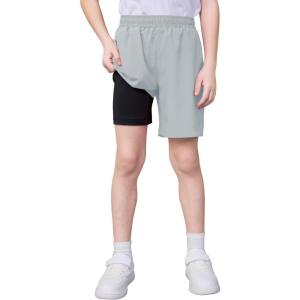 imageQBK Boys 2in1 Athletic Running Shorts with Compression Liner Lightweight Quick Dry 3T16YLight Grey