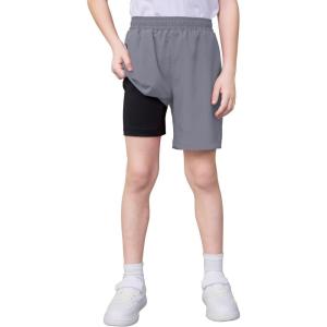 imageQBK Boys 2in1 Athletic Running Shorts with Compression Liner Lightweight Quick Dry 3T16YPure Grey