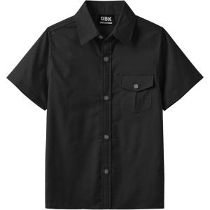 imageQBK Boys Cotton Linen Short Sleeve Classic Button Down Shirts Boys Dress Shirt with Chest Pocket for 2T16 YearsBlack