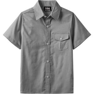 imageQBK Boys Cotton Linen Short Sleeve Classic Button Down Shirts Boys Dress Shirt with Chest Pocket for 2T16 YearsGrey