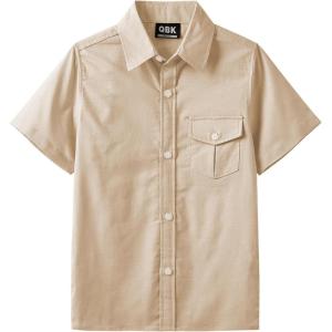 imageQBK Boys Cotton Linen Short Sleeve Classic Button Down Shirts Boys Dress Shirt with Chest Pocket for 2T16 YearsKhaki