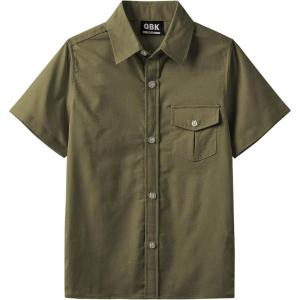 imageQBK Boys Cotton Linen Short Sleeve Classic Button Down Shirts Boys Dress Shirt with Chest Pocket for 2T16 YearsOlive Green