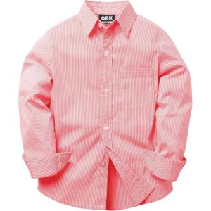 imageQBK Boys Long Sleeve Button Down Shirts Oxford Dress Shirt Boys Striped Shirt for 2T16 YearsRed