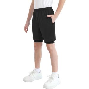 imageQBK Toddler to Youth Boys 2 in 1 Athletic Shorts Basketball Compression Shorts with Liner for Girls Soccer Running SportsBlack