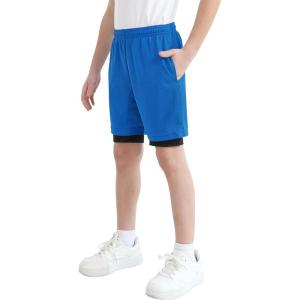imageQBK Toddler to Youth Boys 2 in 1 Athletic Shorts Basketball Compression Shorts with Liner for Girls Soccer Running SportsBlue