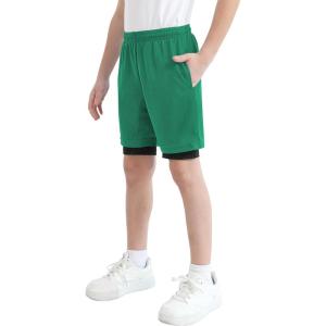 imageQBK Toddler to Youth Boys 2 in 1 Athletic Shorts Basketball Compression Shorts with Liner for Girls Soccer Running SportsGreen