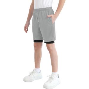 imageQBK Toddler to Youth Boys 2 in 1 Athletic Shorts Basketball Compression Shorts with Liner for Girls Soccer Running SportsGrey