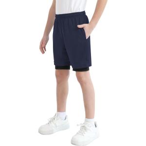 imageQBK Toddler to Youth Boys 2 in 1 Athletic Shorts Basketball Compression Shorts with Liner for Girls Soccer Running SportsNavy