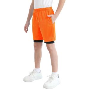 imageQBK Toddler to Youth Boys 2 in 1 Athletic Shorts Basketball Compression Shorts with Liner for Girls Soccer Running SportsNeon Orange