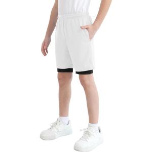 imageQBK Toddler to Youth Boys 2 in 1 Athletic Shorts Basketball Compression Shorts with Liner for Girls Soccer Running SportsWhite
