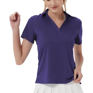 imageQBK Womens Golf Polo Shirt UPF 50 Dry Fit Collared VNeck Short Sleeve Tennis TopDark Purple