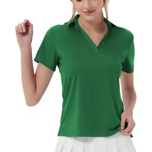 imageQBK Womens Golf Polo Shirt UPF 50 Dry Fit Collared VNeck Short Sleeve Tennis TopGreen