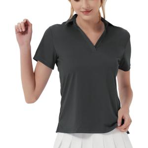 imageQBK Womens Golf Polo Shirt UPF 50 Dry Fit Collared VNeck Short Sleeve Tennis TopGrey