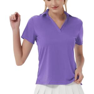 imageQBK Womens Golf Polo Shirt UPF 50 Dry Fit Collared VNeck Short Sleeve Tennis TopLight Purple