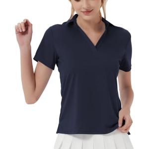 imageQBK Womens Golf Polo Shirt UPF 50 Dry Fit Collared VNeck Short Sleeve Tennis TopNavy Blue