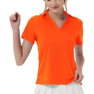 imageQBK Womens Golf Polo Shirt UPF 50 Dry Fit Collared VNeck Short Sleeve Tennis TopNeon Orange