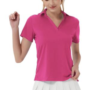 imageQBK Womens Golf Polo Shirt UPF 50 Dry Fit Collared VNeck Short Sleeve Tennis TopPink