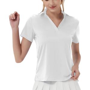 imageQBK Womens Golf Polo Shirt UPF 50 Dry Fit Collared VNeck Short Sleeve Tennis TopWhite