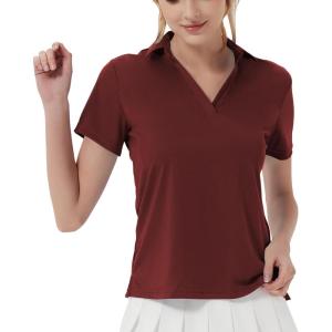 imageQBK Womens Golf Polo Shirt UPF 50 Dry Fit Collared VNeck Short Sleeve Tennis TopWine