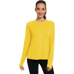 imageQBK Womens Neon T Shirt Long Sleeve TShirt Sun Protection UPF 50 for Hiking Fishing Workout Rash Guard and Athletic SportsGold