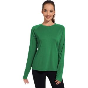 imageQBK Womens Neon T Shirt Long Sleeve TShirt Sun Protection UPF 50 for Hiking Fishing Workout Rash Guard and Athletic SportsJade Green