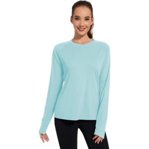imageQBK Womens Neon T Shirt Long Sleeve TShirt Sun Protection UPF 50 for Hiking Fishing Workout Rash Guard and Athletic SportsLight Blue