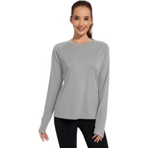 imageQBK Womens Neon T Shirt Long Sleeve TShirt Sun Protection UPF 50 for Hiking Fishing Workout Rash Guard and Athletic SportsLight Grey