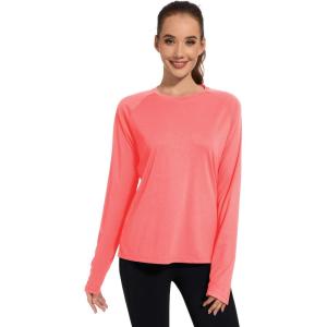 imageQBK Womens Neon T Shirt Long Sleeve TShirt Sun Protection UPF 50 for Hiking Fishing Workout Rash Guard and Athletic SportsLight Pink
