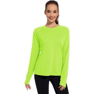 imageQBK Womens Neon T Shirt Long Sleeve TShirt Sun Protection UPF 50 for Hiking Fishing Workout Rash Guard and Athletic SportsNeon Green