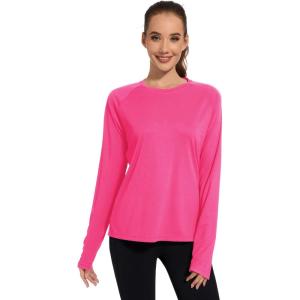 imageQBK Womens Neon T Shirt Long Sleeve TShirt Sun Protection UPF 50 for Hiking Fishing Workout Rash Guard and Athletic SportsNeon Pink