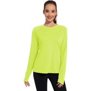 imageQBK Womens Neon T Shirt Long Sleeve TShirt Sun Protection UPF 50 for Hiking Fishing Workout Rash Guard and Athletic SportsNeon Yellow