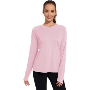 imageQBK Womens Neon T Shirt Long Sleeve TShirt Sun Protection UPF 50 for Hiking Fishing Workout Rash Guard and Athletic SportsSoft Pink